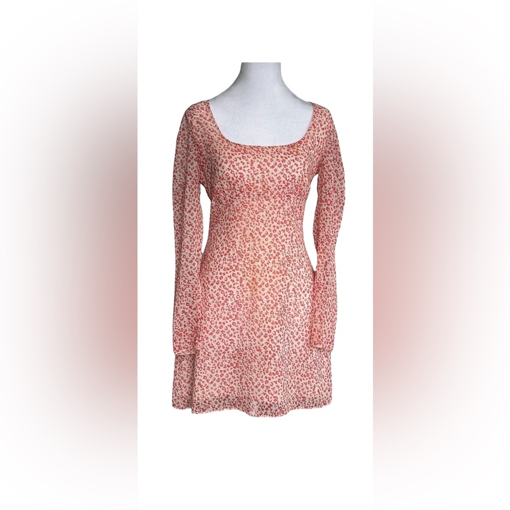 Orange Floral Long Sleeve Mini Dress Sz S Cottagecore Garden Tea Romantic Boho - Picture 2 of 9